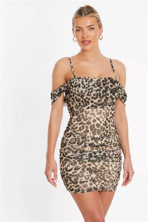 Stone Leopard Print Mesh Bardot Mini Dress Quiz Clothing