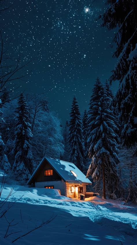 winter cabin night sky, snowy cabin under stars, peaceful winter night ...