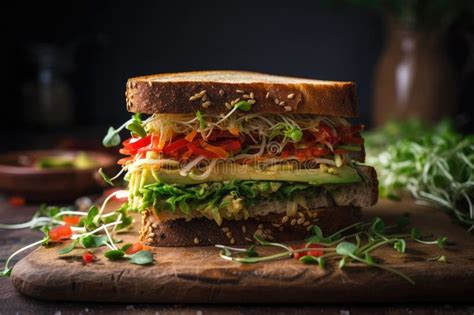 Sandwich With Layers Of Hummus Roasted Red Peppers And Sprouts Stock