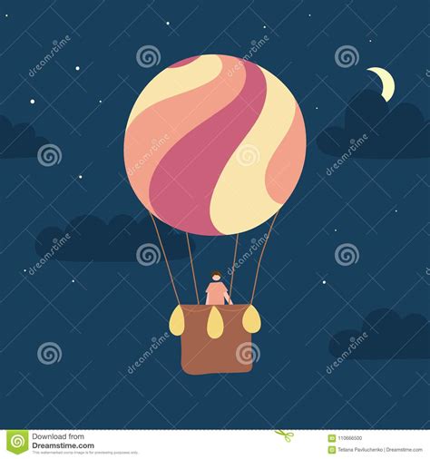 Vector Hot Air Balloon With Passenger At Night Stock Vector Illustration Of Festival Airship