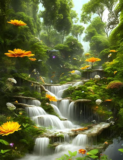 Premium Photo | A painting of a waterfall with flowers and butterflies