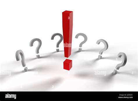 Red Exclamation Mark In Front Of A Lot Of Question Marks Stock Photo