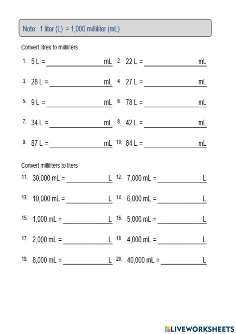 Ml To L Worksheet Live Worksheets Worksheets Library