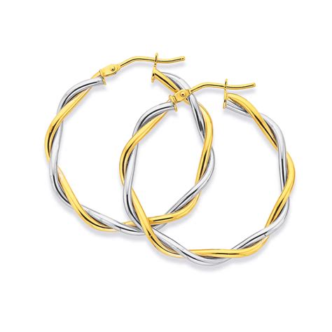 9ct Gold Two Tone 25mm Entwined Twist Hoop Earrings Prouds