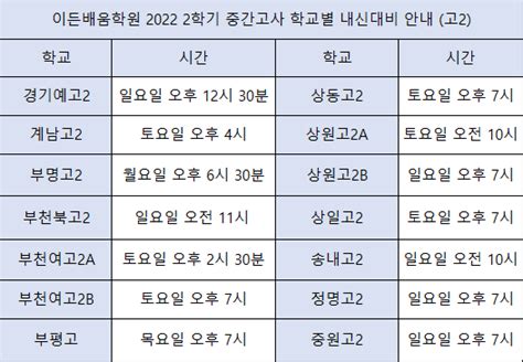 내신대비 시간표 안내 2022 고2 2학기 중간고사 학교별 수업시간표 안내