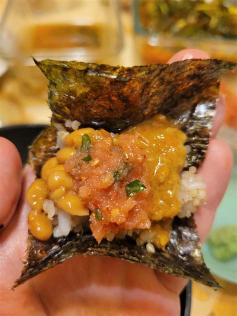 Natto Mentaiko And Crab Guts In A Seaweed Roll Dining And Cooking