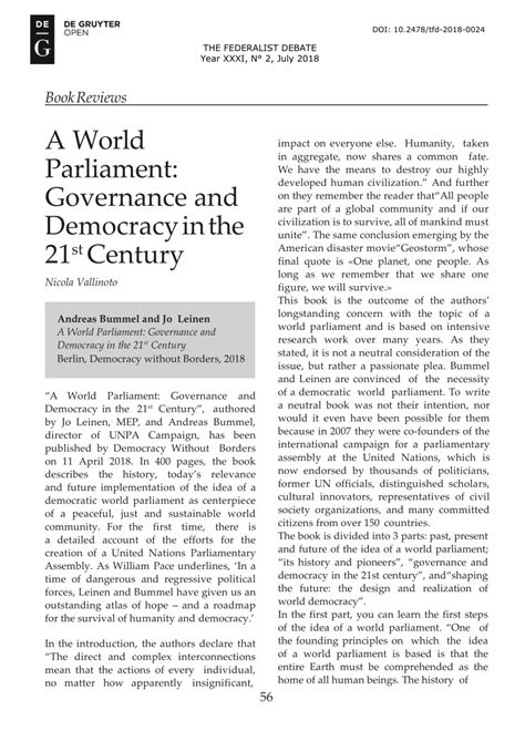 Pdf A World Parliament Governance And Democracy In The 21st Century