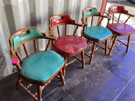 4 WOODEN PUB CHAIRS WITH PADDED SEAT - Currie Auction Service