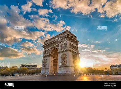 Paris France Sunset City Skyline At Arc De Triomphe And Champs Elysees