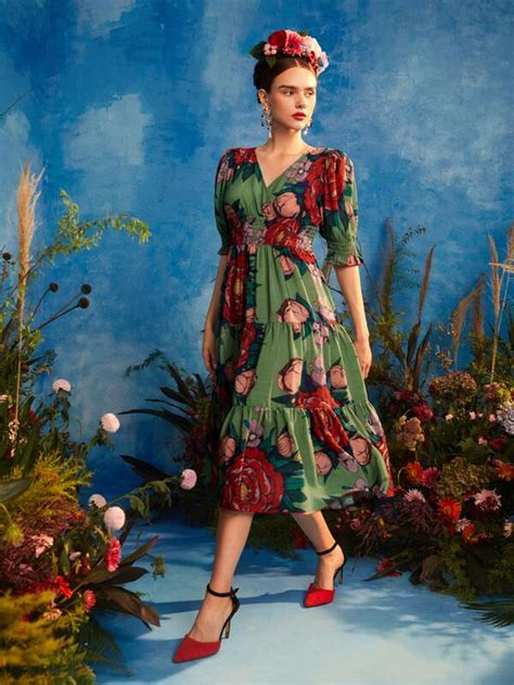 Frida Kahlo X Shein X Designer Leslie Samano Floral Print Puff Sleeve