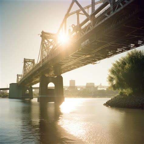 Ponte que cruza o rio sobre o sol e edifícios criados usando tecnologia