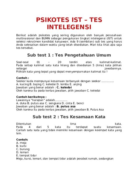 Pdf Psikotes Ist Tes Intelegensi