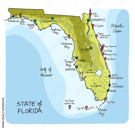 Hand Drawn Map Of Florida With Main Cities And Point Of Interest Stock