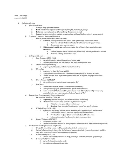 Unit 1 Psychology Week 1 Psychology August 23rd 2018 1 Evolution Of