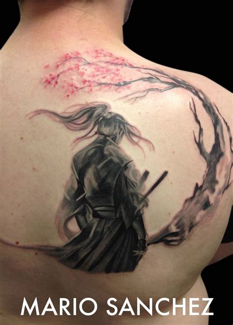 Japanese Painterly Color Tattoo Samurai And Cherry Blossom Tree