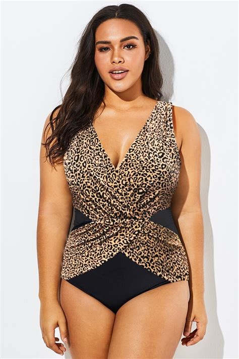 Plus Size Leopard Print V Neck One Piece Swimsuit Meet Curve Meet Curve