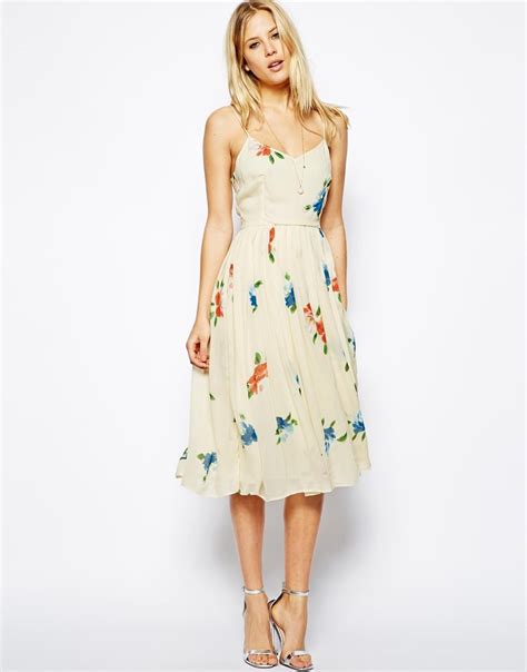 Lyst Asos Midi Dress With Pleated Skirt In Floral Print In Natural