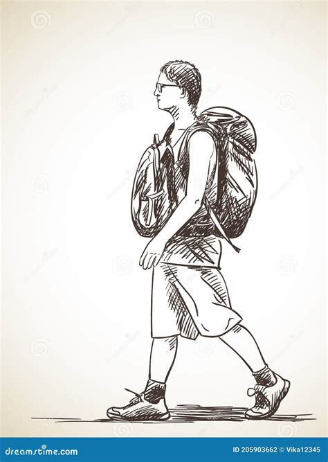 Sketch Of Tourist Walking With Two Backpacks Hand Drawn Vector Stock