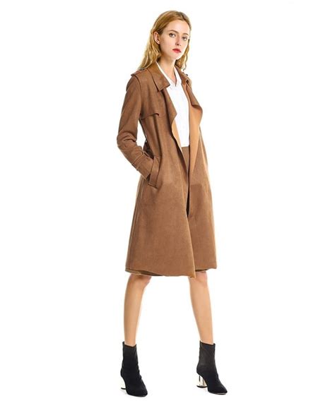 Women Suede Coats Long Duster Jacket Trench Coat With Belt Brown Cf188rc7qil