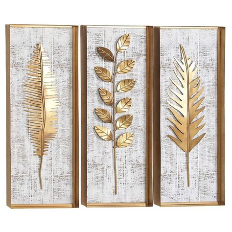 Litton Lane Metal Gold Framed D Leaf Wall Decor With Distressed Wood