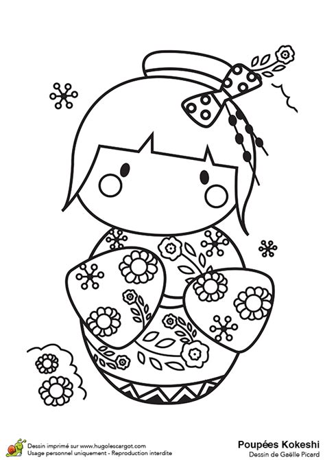 Dessin à colorier dune poupée Kokeshi décorée avec des fleurs des champs