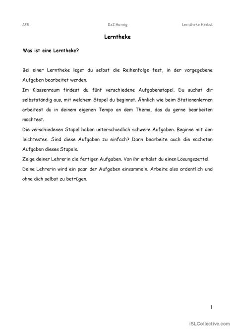 Lerntheke Herbst allgemeine Deutsch DAF Arbeitsblätter pdf doc