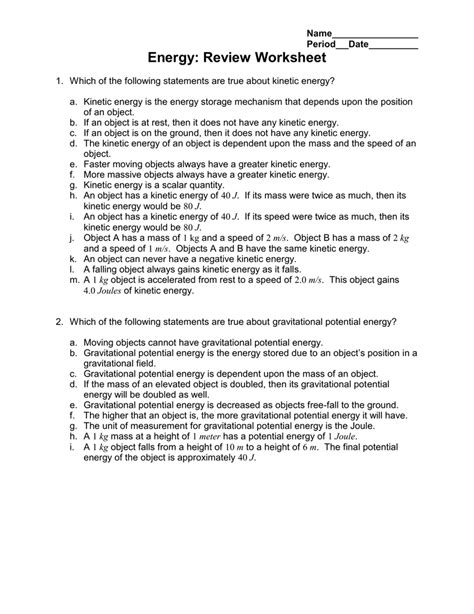 Energy Review Worksheet — Db