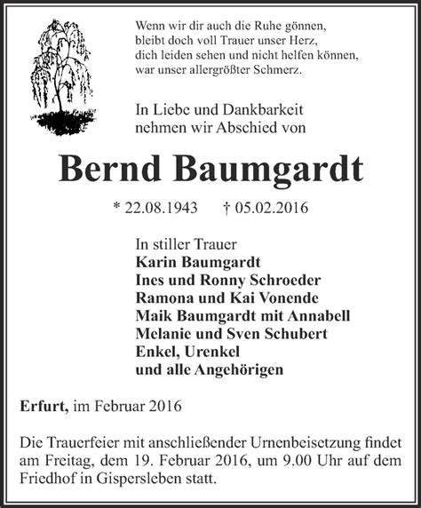 Traueranzeigen Von Bernd Baumgardt Trauer In Thueringen De