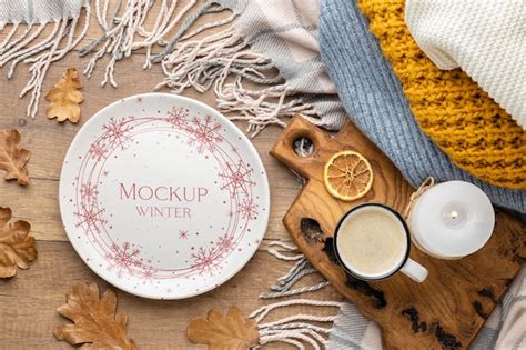 Premium Psd Flat Lay Winter Hygge Composition With Plate Mock Up