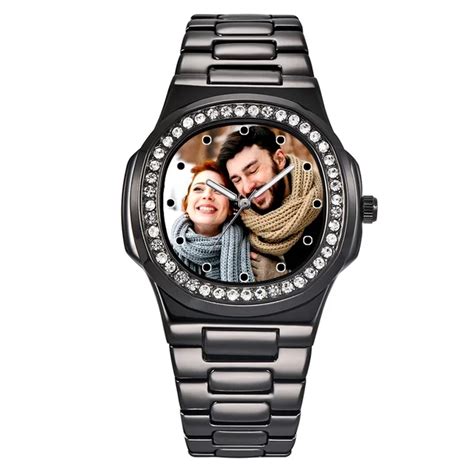 Men Golden Black Color Rhinestone Watch Custom Photo Watch Face