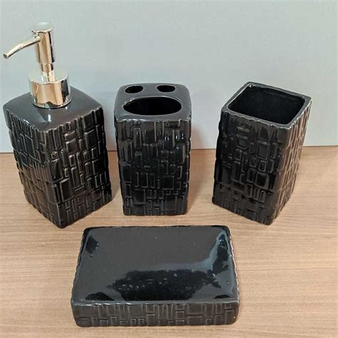 Kit Lavabo Porta Sabonete Líquido Porcelana Branco Ou Preto