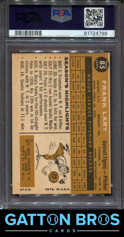 1960 Topps Frank Lary 85 PSA 6 EX MT EBay