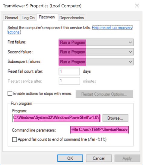 Powershell Windows Service Recovery Unable To Execute Ps Script Stack Overflow