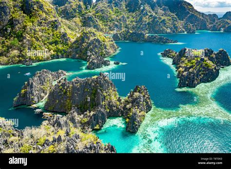 Aerial View Of Beautiful Lagoons And Limestone Cliffs Of Coron Palawan