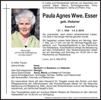 Traueranzeigen Von Paula Agnes Esser Trauer Bz