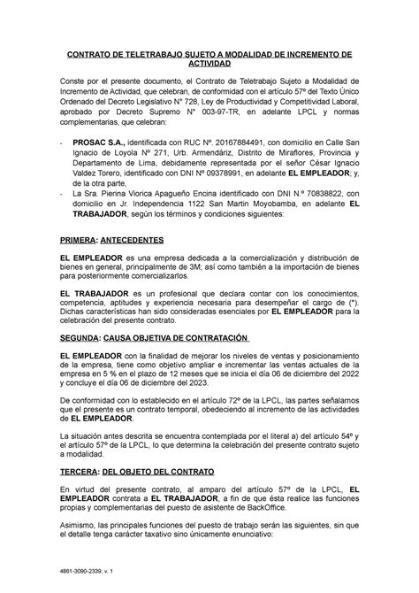 Modelo De Contrato De Teletrabajo Incremento De Actividades