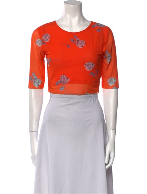 Ganni Floral Print Scoop Neck Crop Top Orange Tops Clothing