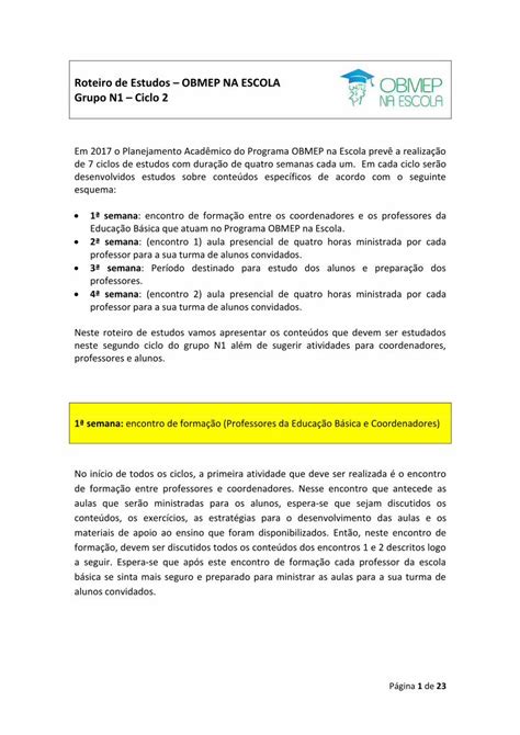 PDF Roteiro de Estudos OBMEP NA ESCOLA Grupo N1 1ª semana encontro