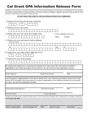 Fillable Online Csac Ca Cal Grant Gpa Information Release Form