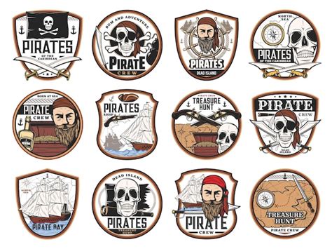 Iconos piratas y corsarios con cráneos vectoriales capitanes barcos