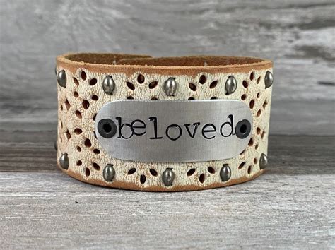 Hand Stamped Leather Cuff Bracelet Beloved Word Cuff Etsy Stamped