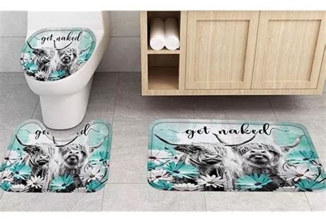 Obtenga Naked Bath Mat Set Farmhouse Highland Cow Teal Flow Cuotas Sin Inter S