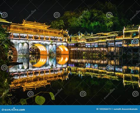 Scenery View in the Night of Fenghuang Old Town Editorial Stock Photo - Image of natural ...