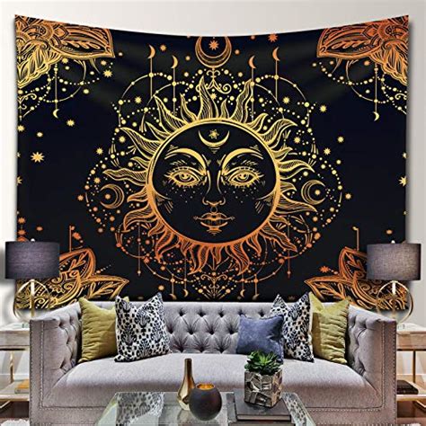 Sun And Moon Tapestry Wall Hanging Black And Golden Psychedelic