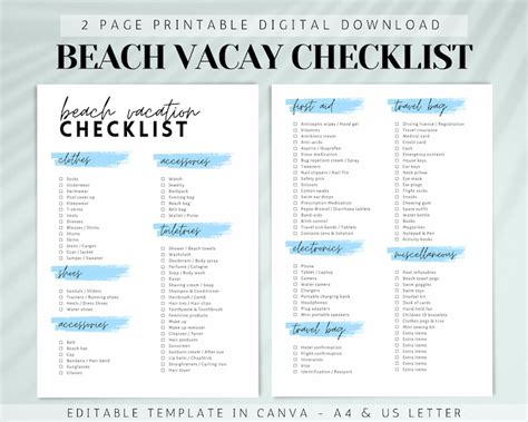 Printable Beach Vacation Checklist, Editable Travel Checklist, Vacation ...