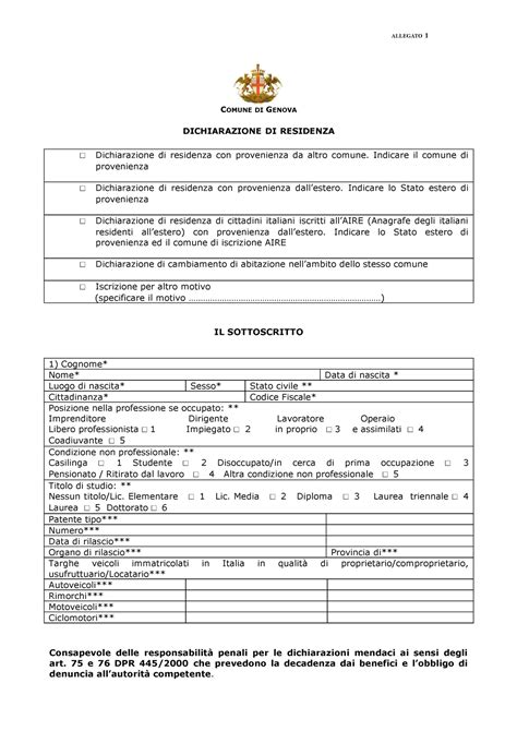 Modulo 1 Residenza Italiano COMUNE DI GENOVA DICHIARAZIONE DI