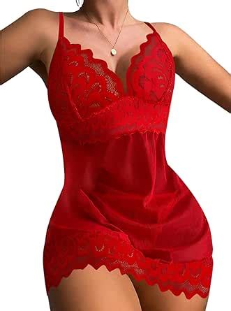 Hilinker Women S Sexy Lingerie V Neck Nightwear Satin Sleepwear Lace Chemise Red Medium At