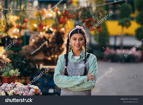 Happy Farmer Woman Denim Overalls Smiling Stock Photo 2241308181 ...