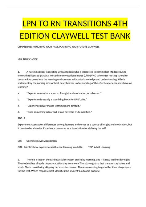 LPN To RN Transitions 4th Edition Claywell Test Bank Complete