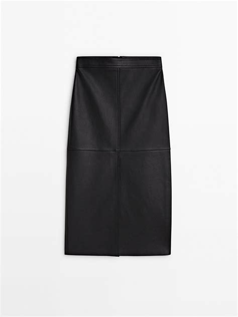 Massimo Dutti Nappa Leather Midi Skirt With Slit Black Editorialist